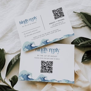 Carte de code QR RSVP Surf Beach, modèle de carte-réponse en ligne pour baby shower océan, carte-réponse, carte QR de lien de site Web, carte imprimable, numérique, BD160