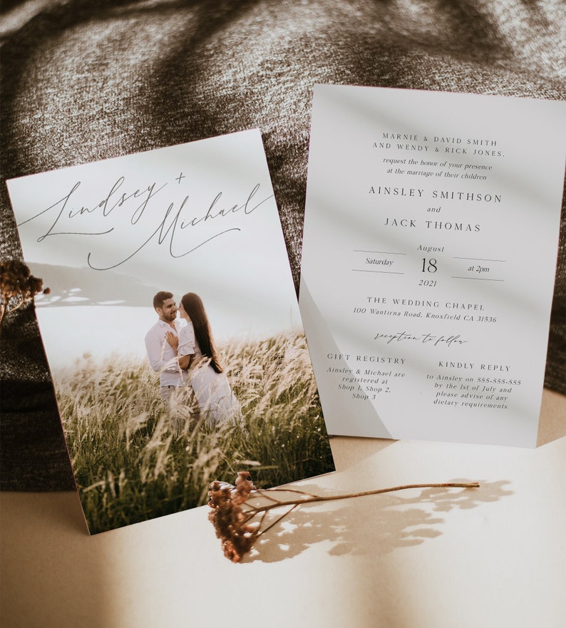 Minimalist Photo Wedding Invitation Set, Beige, Simple, Modern Wedding Invite, Editable Template, Instant Download, Printable Invite #1 