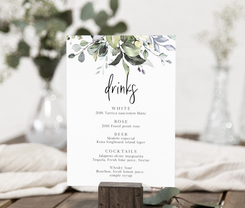 Eucalyptus Sign Watercolor Greenery Drinks Sign Template Bar Menu Sign Rustic Wedding Signage Printable Sign- BD90 Instant Download