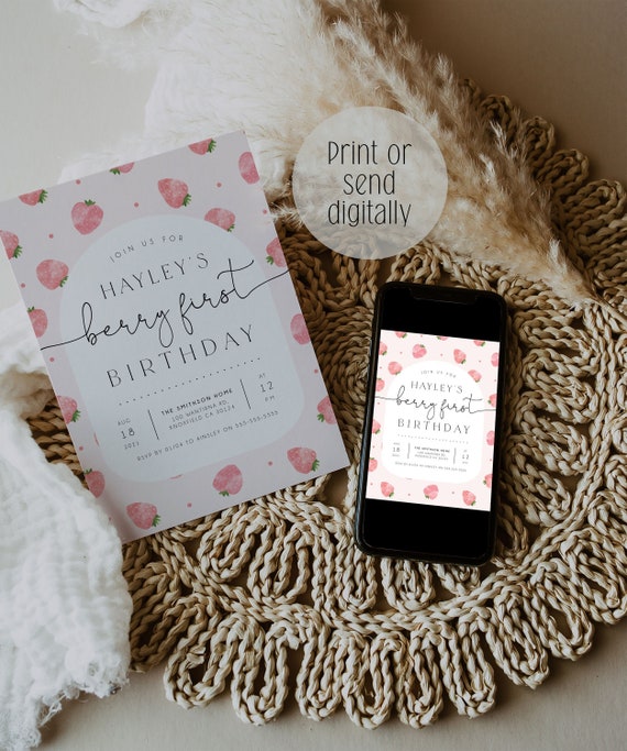 Berry First Birthday Invitation Template, Strawberry 1st Birthday Invite, Girls 1st Birthday Invitation, Printable Invite, Evite, BD171