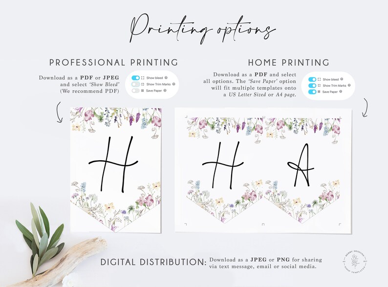 Pode incluir: Download digital imprim&iacute;vel para uma faixa floral com as letras H e A. A faixa apresenta um design floral em aquarela sobre um fundo branco. O texto "Show Bleed" e "Save Paper" &eacute; vis&iacute;vel na imagem.