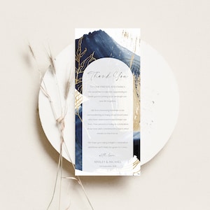 Plantilla de nota de agradecimiento para boda en azul marino y dorado, tarjeta de agradecimiento con arreglos de mesa en acuarela azul marino, editable, descarga instantánea, BD137