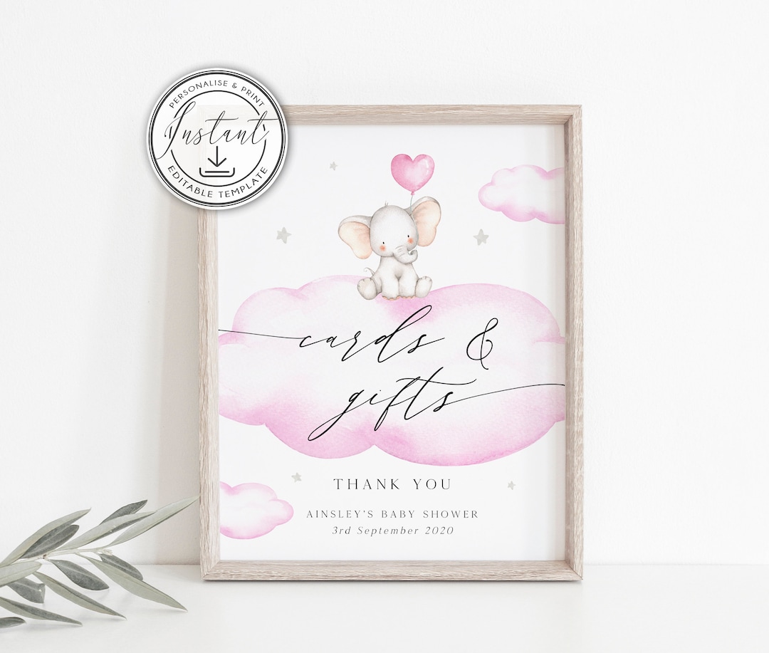 Baby Elephant Cards &amp; Gifts Sign Template, Girl Baby Shower, Pink Baby ...