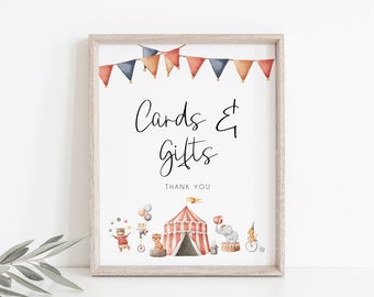 Modèle d'enseigne pour cartes et cadeaux cirque, enseigne de fête d'anniversaire sur le thème du cirque, enseigne modifiable, fête d'anniversaire de carnaval, enseigne imprimable, BD176