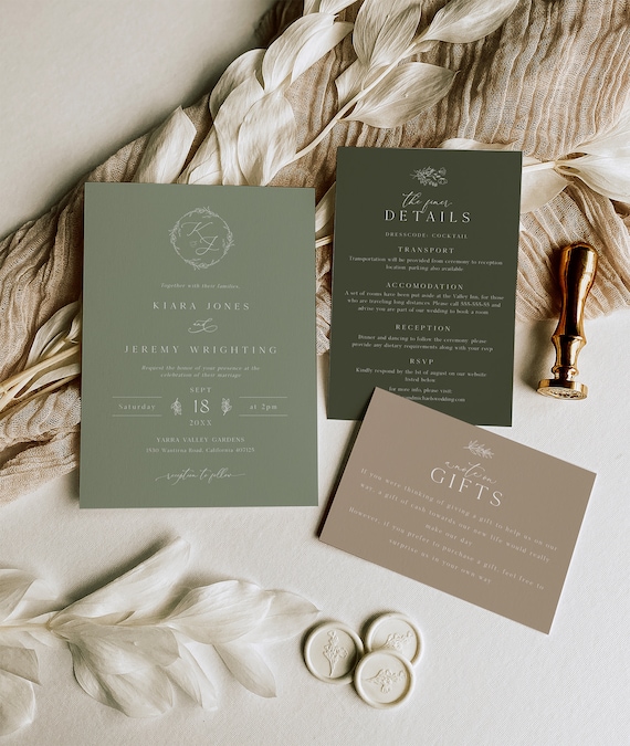 Monogram Olive Green Wedding Invitation Template Botanical Etsy 日本