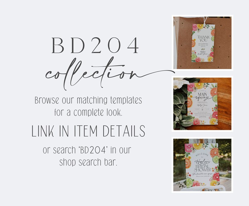 May include: A collection of printable wedding stationery featuring a citrus theme. The designs include a welcome sign, a thank you tag, and a main event invitation. The text on the invitation reads "Main Squeeze".