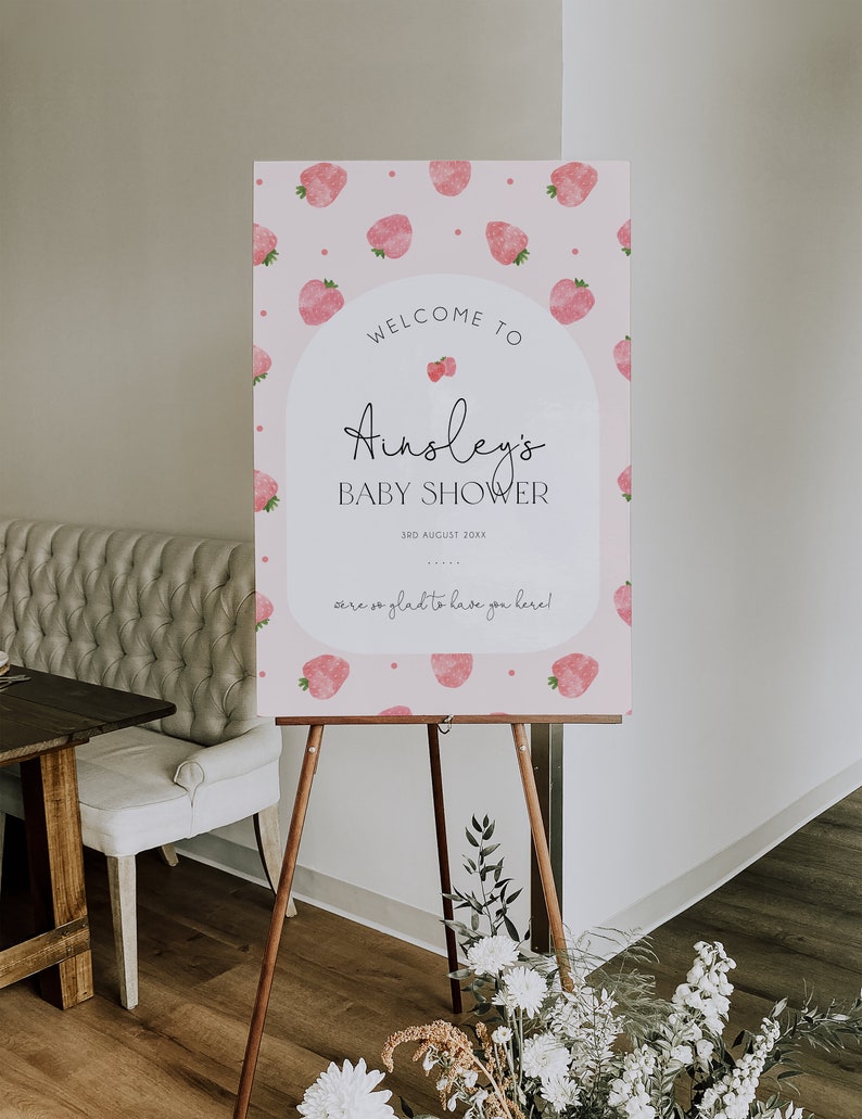 Strawberry Baby Shower Welcome Sign Template, Berry Sweet Baby Editable Welcome Signage, Printable Welcome Sign, Fruit Baby Shower, BD171 image 4