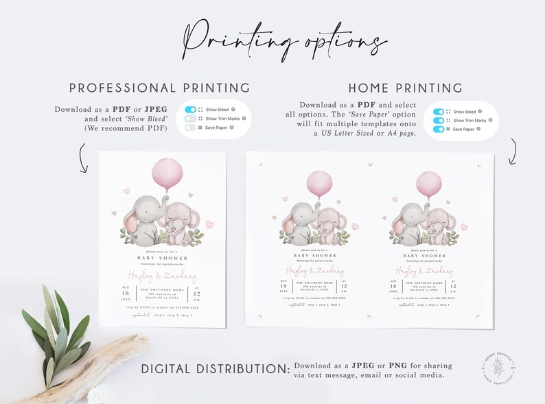 Girl Elephant Baby Shower Invitation Template Pink - Etsy