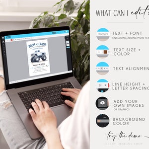 K&ouml;nnte beinhalten: Ein Laptop-Bildschirm zeigt eine anpassbare Geburtstagseinladung mit einem Monstertruck-Cartoon und dem Text "BOOM + CRASH". Der Bildschirm ist von einer Liste bearbeitbarer Funktionen umgeben, darunter Text, Schriftart, Gr&ouml;&szlig;e, Farbe, Ausrichtung, Zeilenh&ouml;he, Buchstabenabstand, Hintergrundfarbe und die M&ouml;glichkeit, Bilder hinzuzuf&uuml;gen.