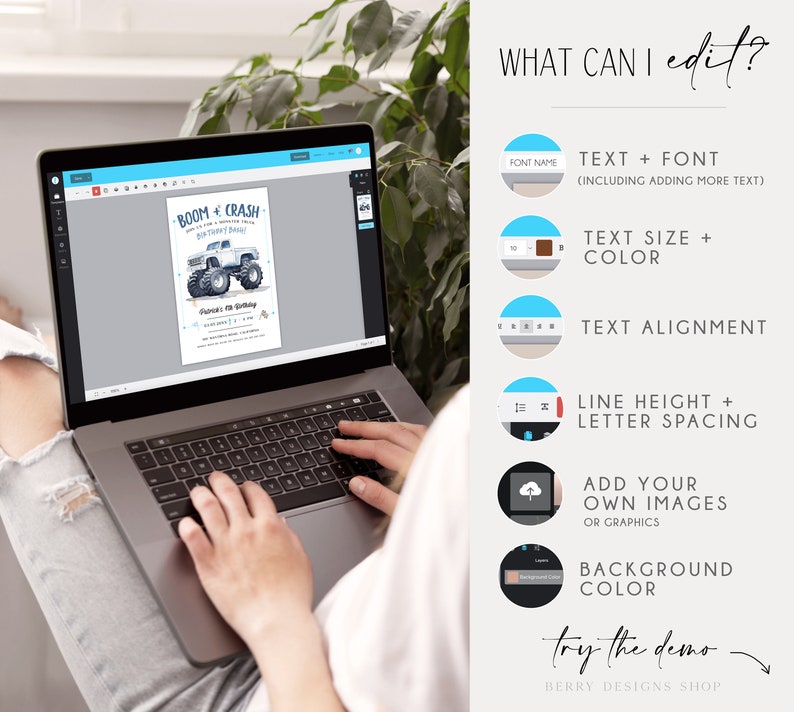 K&ouml;nnte beinhalten: Ein Laptop-Bildschirm zeigt eine anpassbare Geburtstagseinladung mit einem Monstertruck-Cartoon und dem Text "BOOM + CRASH". Der Bildschirm ist von einer Liste bearbeitbarer Funktionen umgeben, darunter Text, Schriftart, Gr&ouml;&szlig;e, Farbe, Ausrichtung, Zeilenh&ouml;he, Buchstabenabstand, Hintergrundfarbe und die M&ouml;glichkeit, Bilder hinzuzuf&uuml;gen.