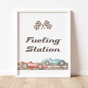 Race Car Fueling Station Sign Template, Race Car Birthday Food + Drink Sign, Vintage Race Car Party, Blue + Red Race Car, Printable, BD159