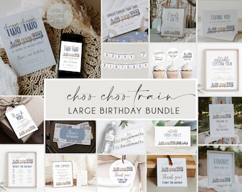 Chugga Chugga Two Two Birthday Bundle, Train Second Birthday Invitation Large Bundle, All Aboard Boys Birthday Invitation, Printable, BD170