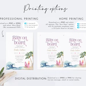 Puede incluir: Una invitaci&oacute;n de baby shower imprimible con un dise&ntilde;o de acuarela de una ola, palmeras y tablas de surf. El texto dice "Baby on Board" con un esquema de color rosa y morado. La invitaci&oacute;n incluye el nombre "Avasley Southron" y la fecha "Aug 18, 3-4 pm".