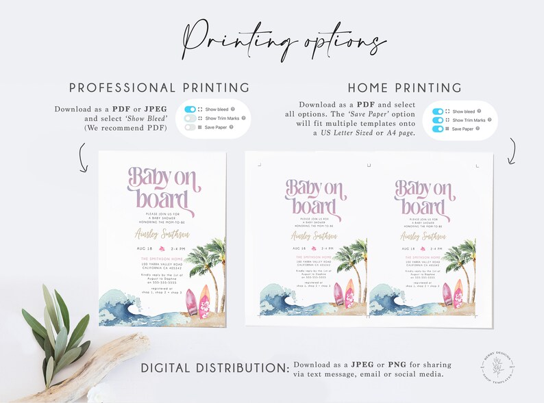 Puede incluir: Una invitaci&oacute;n de baby shower imprimible con un dise&ntilde;o de acuarela de una ola, palmeras y tablas de surf. El texto dice "Baby on Board" con un esquema de color rosa y morado. La invitaci&oacute;n incluye el nombre "Avasley Southron" y la fecha "Aug 18, 3-4 pm".