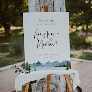 Modello di cartello di benvenuto per matrimonio in montagna, cartello di benvenuto per matrimonio al lago, download immediato, cartello di benvenuto grande stampabile, matrimonio nella foresta, BD124