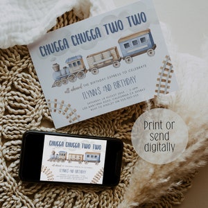 Chugga Chugga Two Two Birthday Invitation, Train Second Birthday Printable Invite, All Aboard Boys Birthday Invite, Birthday Evite, BD170