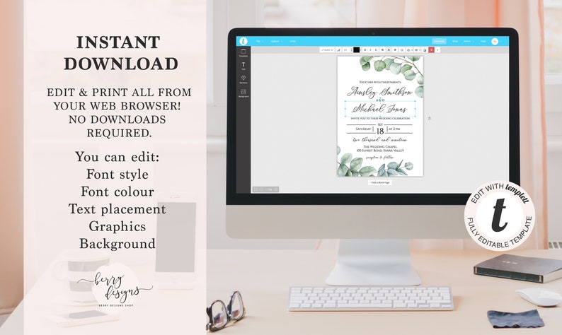 Instant Download Floral Editable Greenery invite Eucalyptus Printable Invitation Bohemian Editable Wedding Invitation Suite BD34