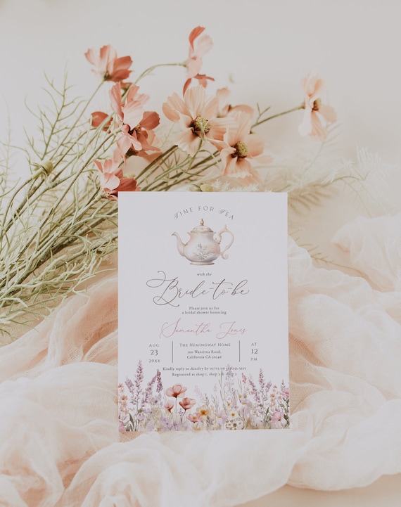 Pink Wildflower Tea Party Bridal Shower Invitation, Watercolour Wildflower Time for Tea Editable Invite, Modern Floral High Tea Invite BD205