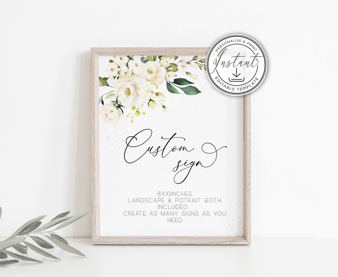 White Floral Editable Custom Wedding Sign Template, Personalised Sign ...