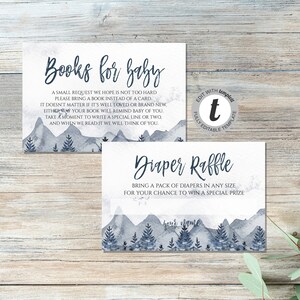 2 Baby-Dusche-Karte Einsätze, Bücher für Baby, Windel Verlosung, sofortiger digitaler Download, Berge, Abenteuer erwartet, Printable, BD31