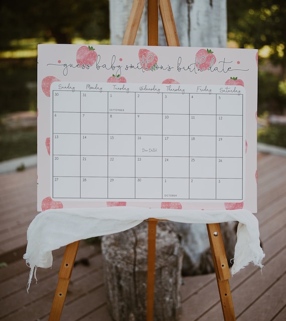 Strawberry Due Date Calender Sign Template, Berry Guess Baby's Birth date Game, Berry Sweet Baby Shower, Baby Calendar Game, Printable BD171