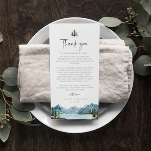 Plantilla de nota de agradecimiento para boda en la montaña, agradecimiento por arreglos de mesa rústicos, tarjeta de mesa, descarga instantánea editable, boda en el lago, BD124