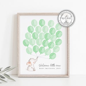 Elefant-Ballon-Gästebuch-Poster, Signatur-Gästebuch-Alternative, Grüne Elefant-Babyparty, Ballon-Babyparty, geschlechtsneutral- BD82