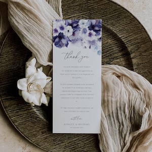 Tarjeta de agradecimiento morada, nota de agradecimiento para boda en color lavanda, descarga instantánea, elegante decoración de mesa para boda en color lila, imprimible (BD148)