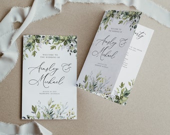 Greenery Wedding Program Editable Template, Rustic Wedding Program, Order of Service, Instant Download, Eucalyptus Ceremony Program, BD44