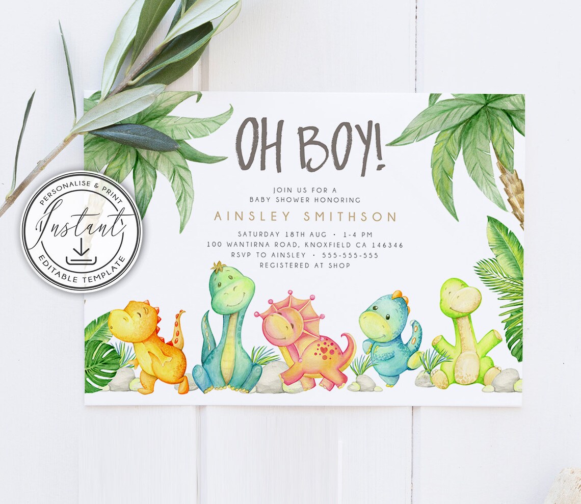 Oh Boy Dinosaur Baby Shower Invitation Editable Template Etsy