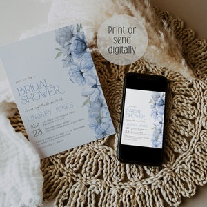 Dusty Blue Bridal Shower Invitation Template, Watercolor Blue Floral ...