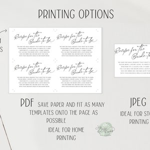 Op de afbeelding: Vier printbare kaarten met de tekst "Recept voor de bruid" in een handschriftlijk lettertype. De tekst op de kaarten vraagt ​​gasten om een ​​recept mee te nemen naar de bruiloft. De kaarten zijn wit met zwarte tekst en een subtiele grijze achtergrond. De tekst "PDF" en "JPEG" is ook zichtbaar, wat aangeeft welke bestandsformaten beschikbaar zijn om te downloaden.