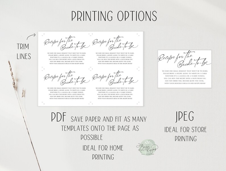 Op de afbeelding: Vier printbare kaarten met de tekst "Recept voor de bruid" in een handschriftlijk lettertype. De tekst op de kaarten vraagt ​​gasten om een ​​recept mee te nemen naar de bruiloft. De kaarten zijn wit met zwarte tekst en een subtiele grijze achtergrond. De tekst "PDF" en "JPEG" is ook zichtbaar, wat aangeeft welke bestandsformaten beschikbaar zijn om te downloaden.