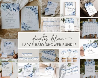 Dusty Blue Baby Shower Invitation Bundle, Blue Floral Baby Shower Editable Invitation Suite, Boy Baby Shower, Printable Invite, Evite, BD93