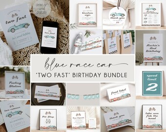 Race Car Birthday Invitation Bundle, Two Fast Blue Race Car Party Suite, Printable Birthday Decor, Car Themed Birthday Set, Download, BD159
