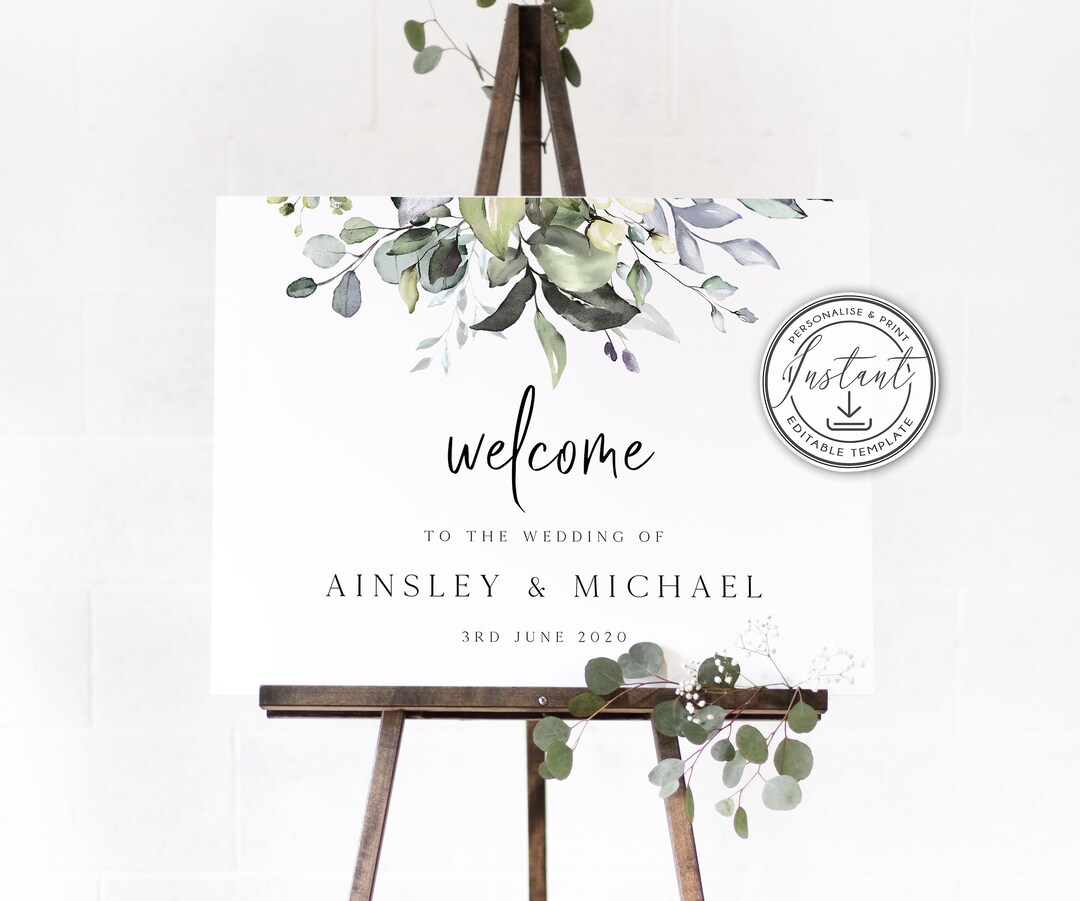 Watercolor Greenery Welcome Sign Editable Template, Rustic Wedding ...