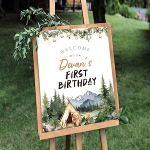 One Happy Camper Welcome Sign Template, Camp Themed Birthday Welcome Signage, Mountains Birthday Sign, Printable Sign, Camp Party, BD196