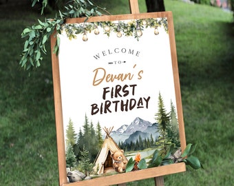 One Happy Camper Welcome Sign Template, Camp Themed Birthday Welcome Signage, Mountains Birthday Sign, Printable Sign, Camp Party, BD196