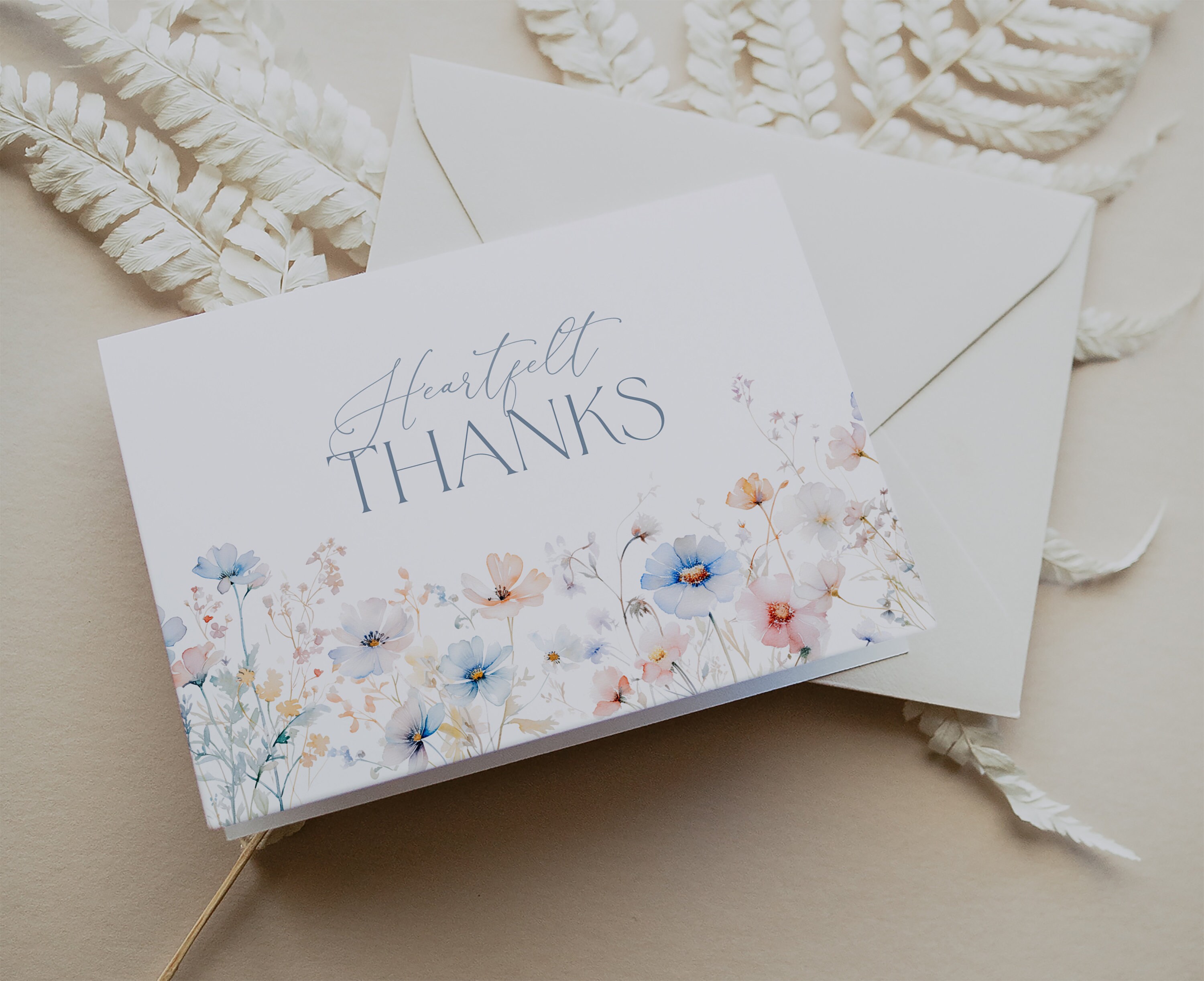 Blue Wildflower Thank You Card Template, Dusty Blue Watercolor Floral ...