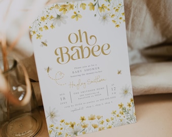 Oh Babee Bee Baby Shower Editable Invitation, Floral Bee Baby Shower Invite, Gender Neutral Baby Shower, Printable Bee Invite, Evite, BD216