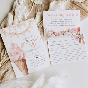 Puede incluir: Un cono de helado rosa y blanco con un anillo en la parte superior, con el texto "She's Been Scooped Up" y un dise&ntilde;o floral. El texto debajo dice "Please join us for a bridal shower honoring the bride-to-be, Zandra Keoro, Saturday, September 18, from 2-4, 1200 Washington Road, Parma Valley, RSVP by 01/10/2023, 555-555-5555, engraved by Stone & Shop."