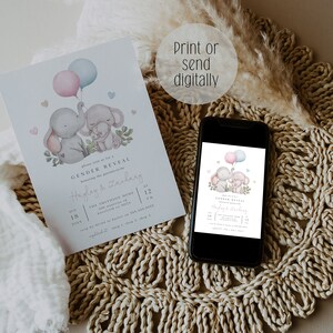 Peut inclure: Une invitation &agrave; une r&eacute;v&eacute;lation de sexe avec une illustration aquarelle de deux &eacute;l&eacute;phants tenant des ballons roses et bleus. Le texte de l'invitation indique "Veuillez nous rejoindre pour une r&eacute;v&eacute;lation de sexe en l'honneur des futurs parents Hagley & Zachary" avec la date, l'heure et le lieu de l'&eacute;v&eacute;nement.