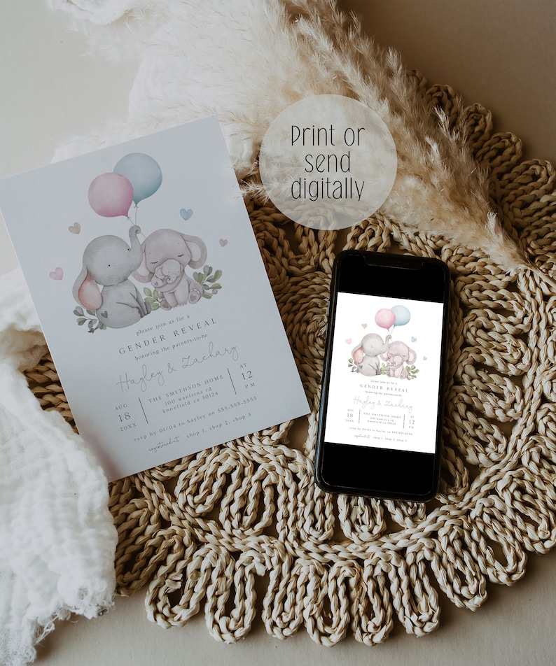 Peut inclure: Une invitation &agrave; une r&eacute;v&eacute;lation de sexe avec une illustration aquarelle de deux &eacute;l&eacute;phants tenant des ballons roses et bleus. Le texte de l'invitation indique "Veuillez nous rejoindre pour une r&eacute;v&eacute;lation de sexe en l'honneur des futurs parents Hagley & Zachary" avec la date, l'heure et le lieu de l'&eacute;v&eacute;nement.