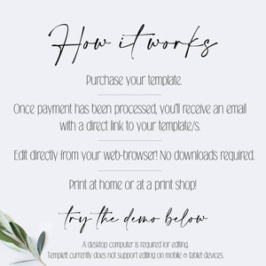 May include: How it works text with instructions on how to purchase and edit a template. The text says to purchase the template, then you will receive an email with a direct link to the template. You can edit the template directly from your web browser, no downloads are required. You can print at home or at a print shop. The text also says "try the demo below". A desktop computer is required for editing. Templett currently does not support editing on mobile or tablet devices.