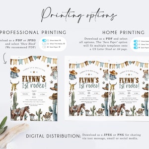 May include: A printable invitation for a child's first rodeo party. The invitation features a watercolor illustration of a cowboy hat, boots, a cactus, and a horse. The text on the invitation reads "Saddle Up & Join Us For Flynn's 1st Rodeo!" with the date and time of the event.