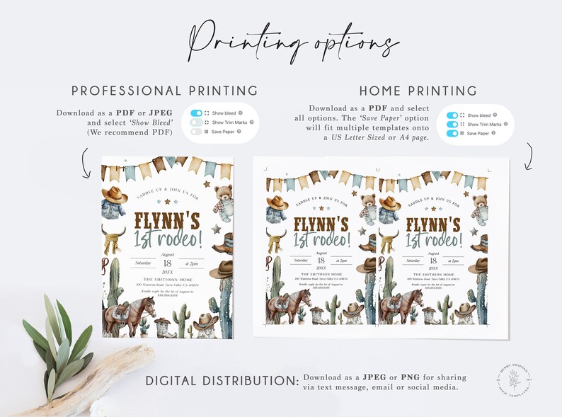 May include: A printable invitation for a child's first rodeo party. The invitation features a watercolor illustration of a cowboy hat, boots, a cactus, and a horse. The text on the invitation reads "Saddle Up & Join Us For Flynn's 1st Rodeo!" with the date and time of the event.