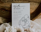 Minimalist Line Art Baby Shower Invitation, Hello Baby Modern Baby Shower Editable Invitation, Instant Download, Simple Black + White, BD147