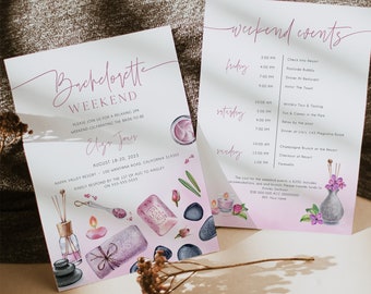 Bachelorette Spa Weekend Einladung mit Reiseplan bearbeitbare Vorlage, Girls Spa Party einladen, Spa Bachelorette Weekend, Printable, BD168