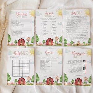 8 Farm Baby Shower Game Cards, Editable Template, Gender Neutral Barnyard Baby Shower Activities, Instant Download, Watercolor Animals BD121