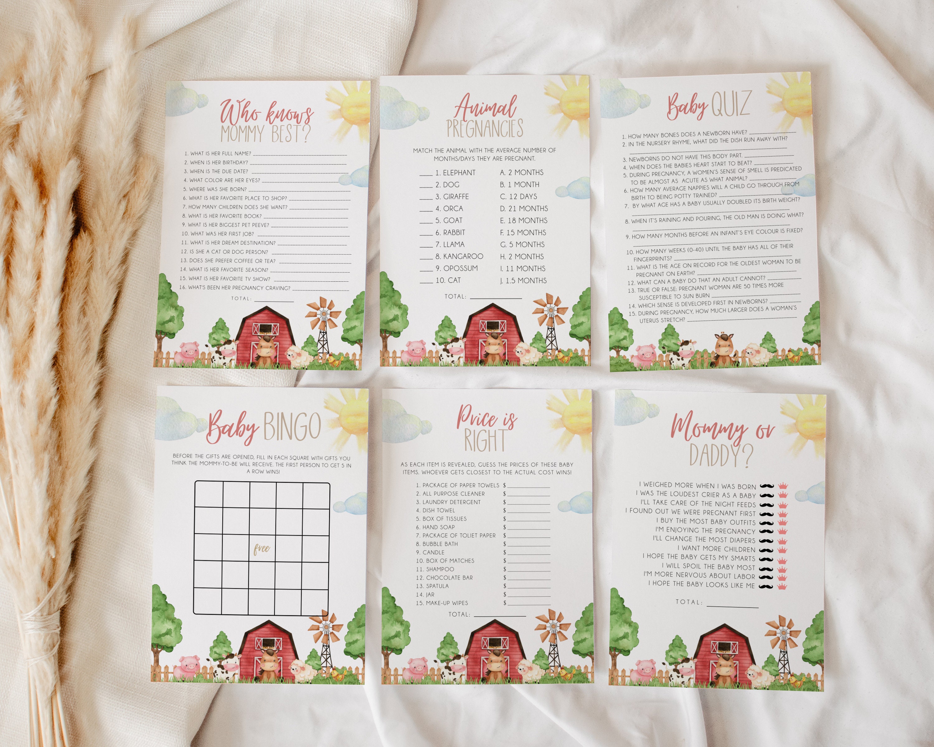 8 Farm Baby Shower Game Cards Editable Template Gender image